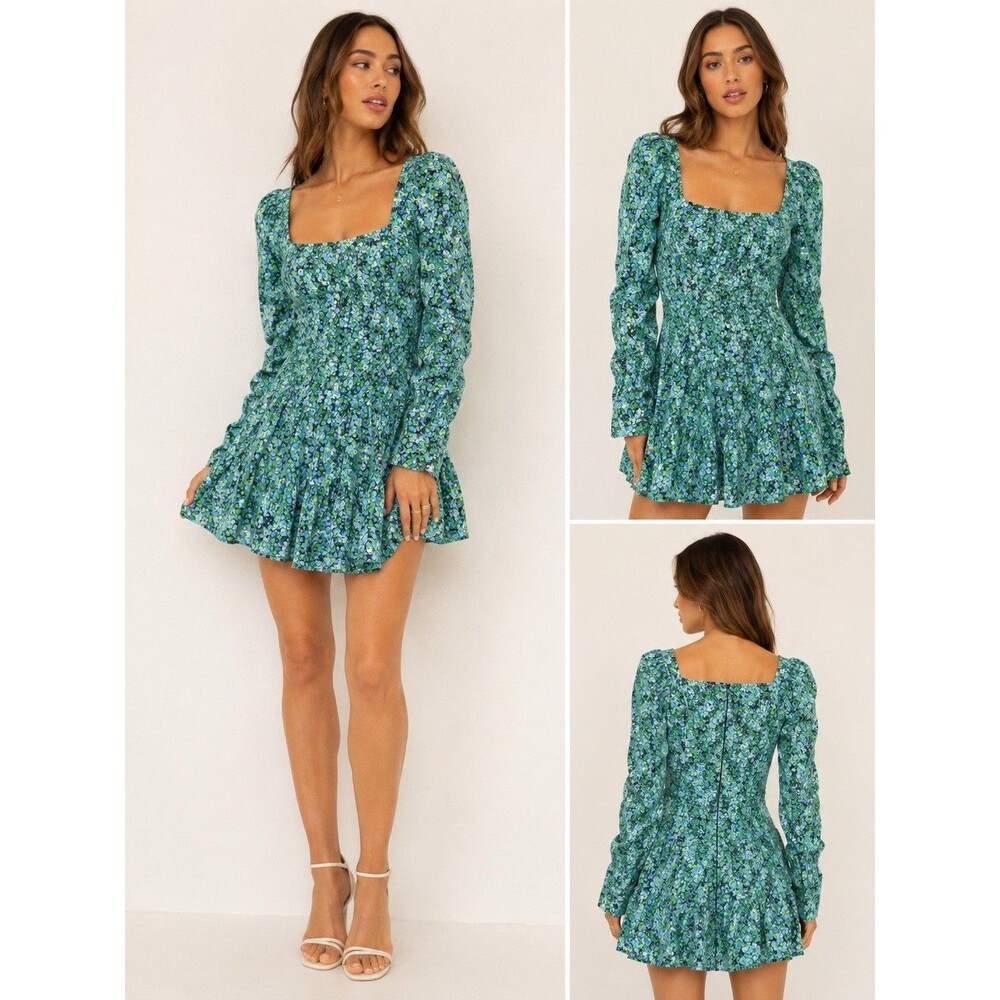 Kivari Acacia Mini Dress Blue Ditsy Floral Long Sleeve NWT